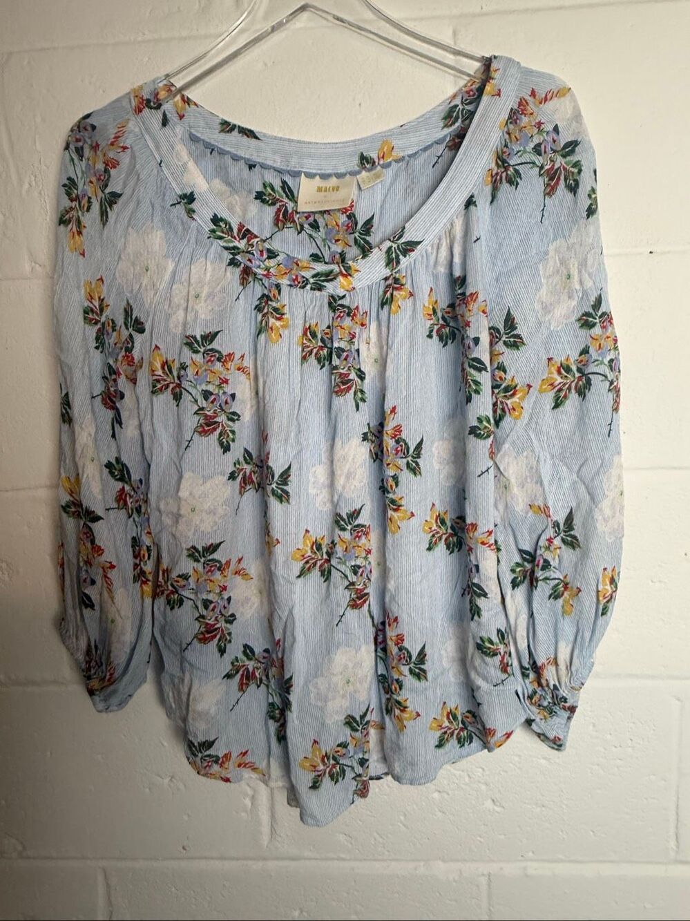 Maeve by Anthropologie Women’s Size 6 Blue Floral Striped Blouse Boho Peasant